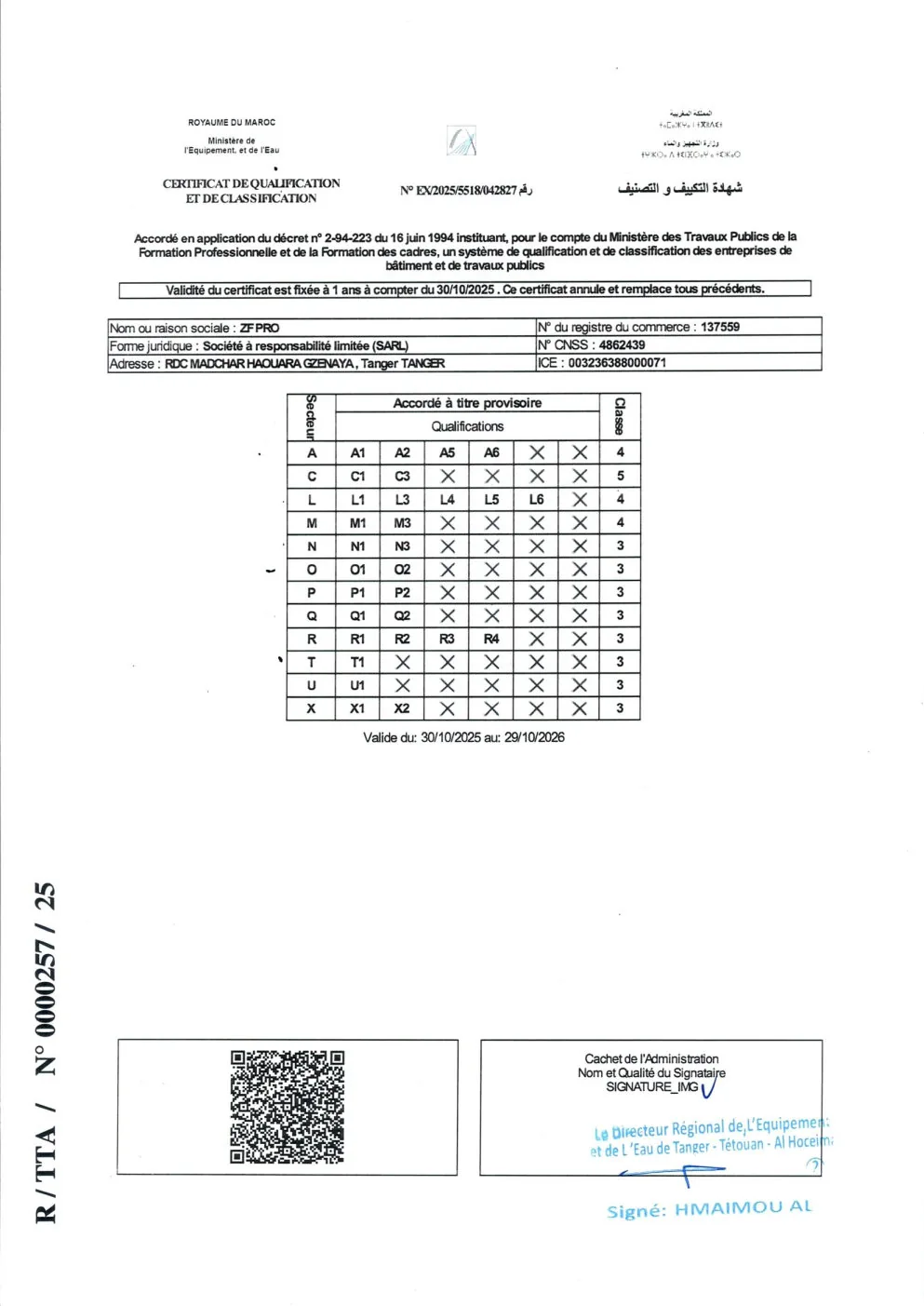 Attestation officielle de qualification et de classification ZF PRO