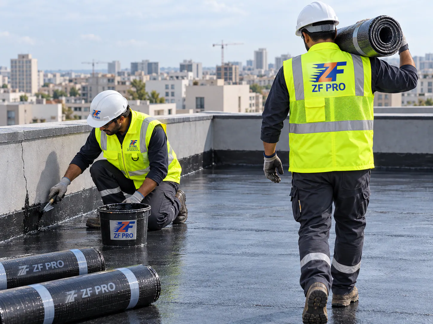 Travaux d'étanchéité sur une toiture par l'équipe ZF PRO