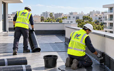 Équipe ZF PRO réalisant l'étanchéité d'une terrasse avec une membrane