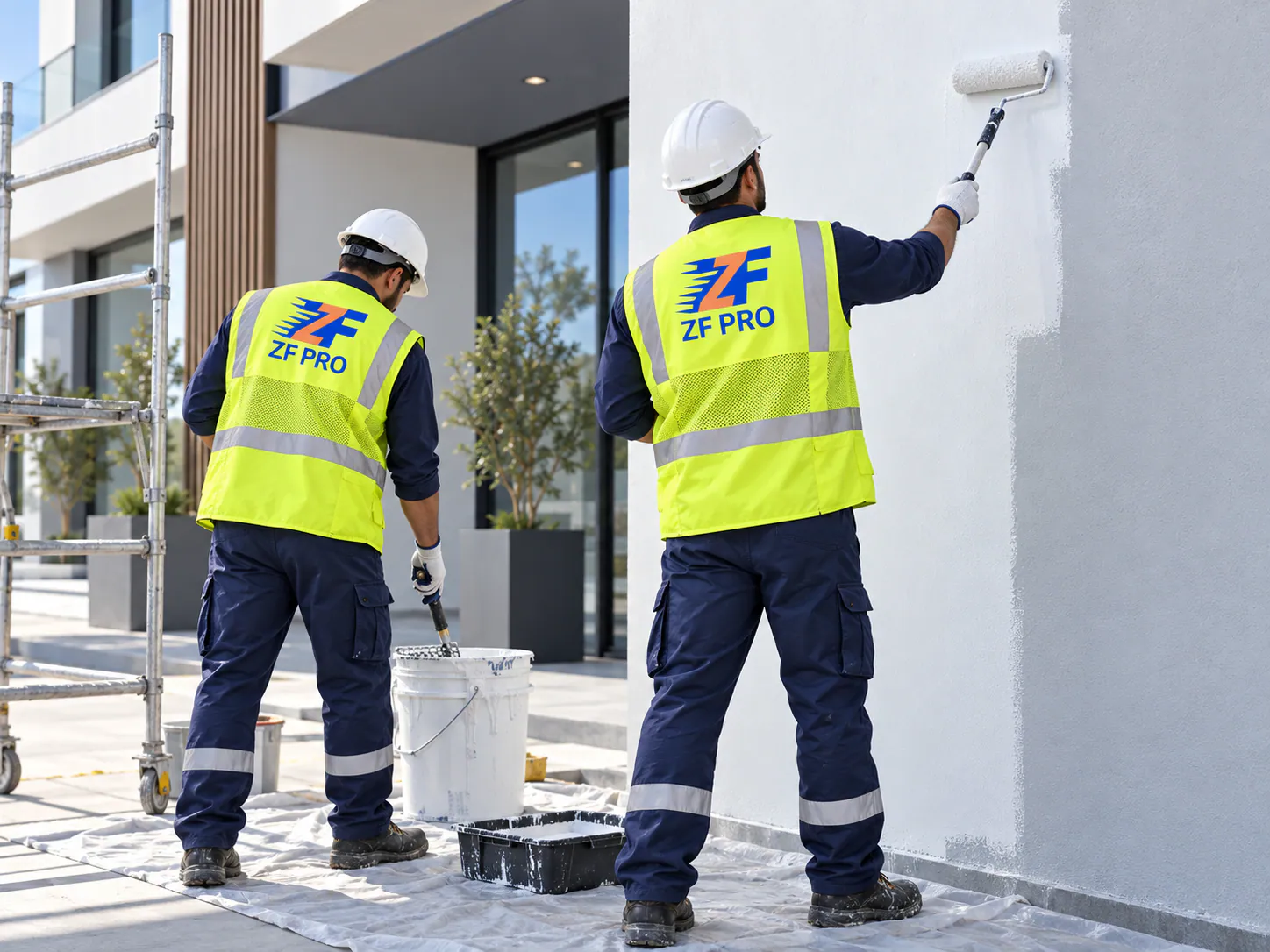 Application de peinture sur une façade par l'équipe ZF PRO